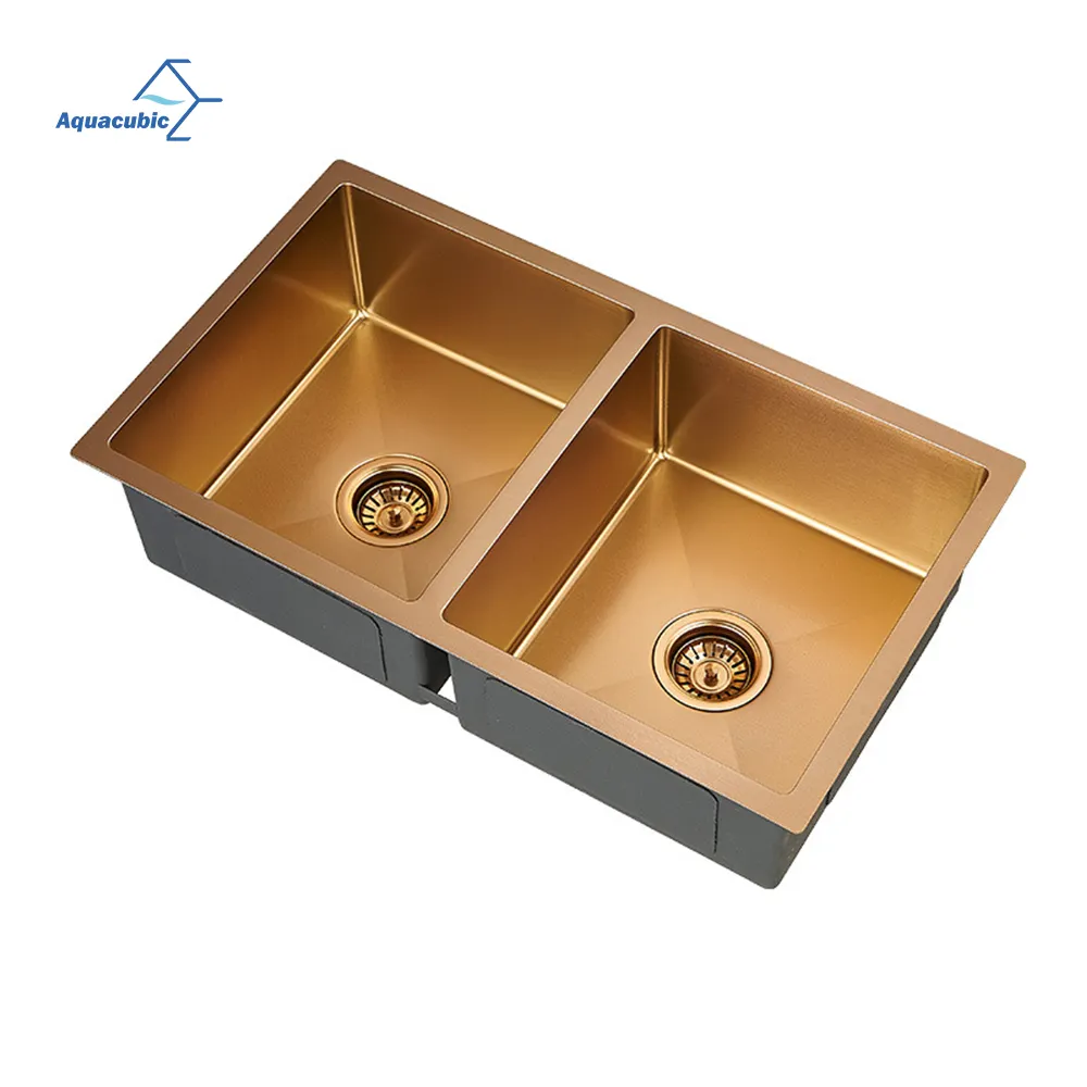 Aquacubic Factory CUPC PVD Nano Rose Gold Color Undermount Handmade Stainless Steel Double Bowl Kitchen Sink
