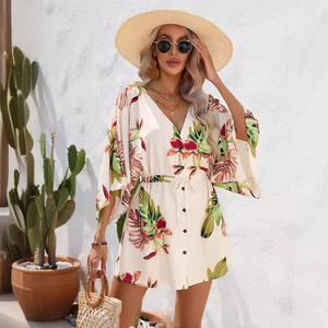 Abito Mini Estivo da Donna 2026 con <span class=keywords><strong>Stampa</strong></span> Foglie Tropicali, Scollo a V, Maniche a Pipistrello, Vita con Coulisse, <span class=keywords><strong>Vestito</strong></span> Casual per Vacanze - Product Image 3
