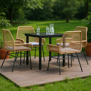 Ensemble de salle à manger de jardin en rotin marron avec table et 4 chaises, meubles d'extérieur rembourrés, style contemporain, structure en acier - Product Image 2