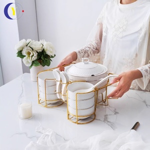 White Ceramic Stockpot Set with Lid Phnom Penh Design Heated Gold Rack Embossed Elegant <b>Dinnerware</b> - Product Image 5