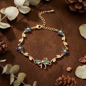 Exquisito Conjunto de Pulsera y Cadena para Clavícula de Latón Brillante con Zirconia, Hoja Verde y Flor de Melocotón, Regalo para el Día de San Valentín, Estilo Casual/Deportivo - Product Image 5