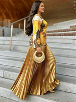 Robe plissée à col rond, coupe ample, manches larges, imprimée et estampillée or, longueur trois-quarts, tendance