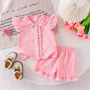 Ensemble 2 pièces léger et respirant pour petites filles, motif gingham, haut à manches volantées et revers, <span class=keywords><strong>short</strong></span> à taille élastique pour l'été et les jeux quotidiens - Product Image 2