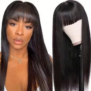 100% Human Hair Long Length Silky <b>Wig</b> Human Hair Double Drawn Ready to Wear Bone Straight <b>Wig</b> With Fringe Bangs for Black Women - Product Image 2