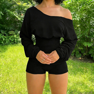 <b>Patchwork</b> Knit Two-Piece Set Off-Shoulder Long Sleeve Crop <b>Top</b> Loose Shorts Casual Jogging Activewear Eco-Friendly Breathable - Product Image 5