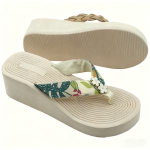 Sandales de plage à plateforme beige personnalisées avec lanières en tissus mélangés et imprimé floral, talons hauts, claquettes d'été OEM ODM - Product Image 1