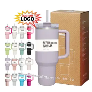 Gelas minum Stainless Steel, gelas Tumbler Stainless Steel termal terisolasi vakum 40 oz 40 oz pribadi grosir dengan pegangan dan sedotan 2024