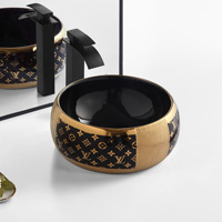 Lavabo en céramique intégré de luxe léger de style nordique avec bordure dorée, vente en gros, lavabos de salle de bain personnalisés, design artistique