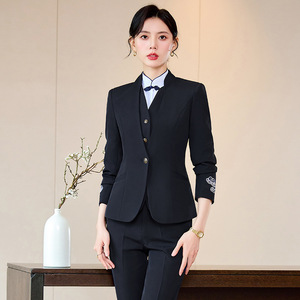 Chinese Style Women's Hotel Reception Uniform Suit Workwear Spring 2026 Blue Long Sleeve With Embroidery - Product Image 2