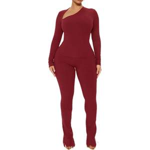 Conjunto de Suéter Personalizado para Mujer 2026, Manga Larga, Cuello Irregular, Color Sólido, Pantalones Elásticos, Tejido Transpirable, Atuendos de Otoño - Product Image 2