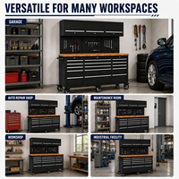 Station de travail mobile en acier noir pour le stockage d'outils, avec plusieurs tiroirs et armoires murales supérieures, pour atelier et usine