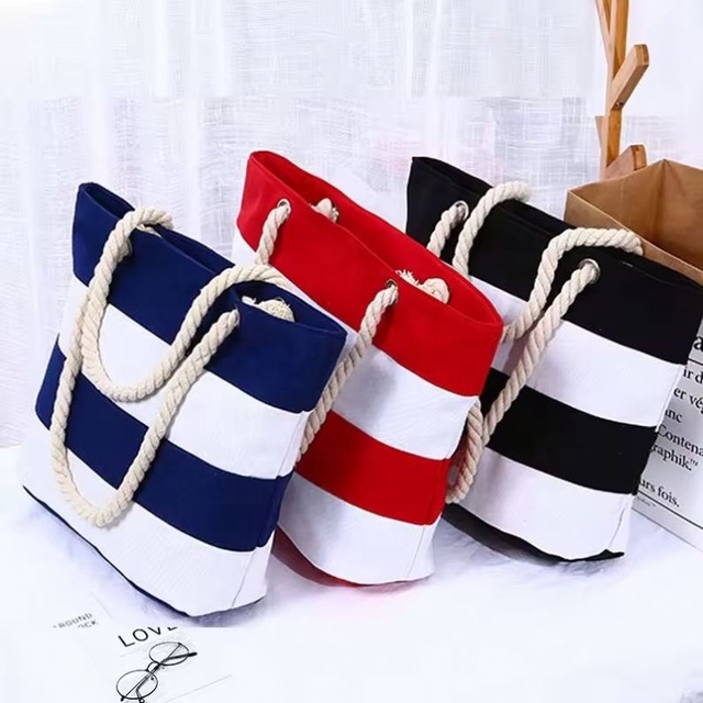 2026 Spring Summer Hot Woven Bag Wholesale Promotion Canvas Tote Bag Women Striped Beach Striped Canvas Tote Bag