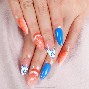 Ongles artificiels tendance été, <span class=keywords><strong>manucure</strong></span> 3D, simulation <span class=keywords><strong>orange</strong></span> ombré, courts, ovales, faits à la main, à presser - Product Image 1