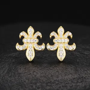 Boucles d'oreilles petite fleur de lis en argent sterling massif VVS avec diamant glacé