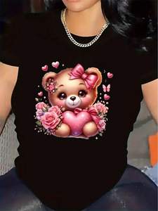 T-shirt da donna Teddy Bear con cuore e fiori, manica corta, in poliestere, design carino, girocollo, per primavera ed estate - Product Image 3