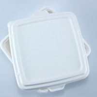 Barquette alimentaire jetable en bagasse de 9 pouces à 3 compartiments avec couvercle en pulpe PET pour restaurant, école et plats à emporter