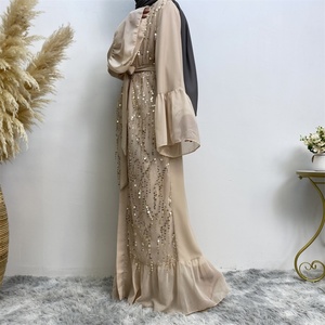 1856# Elegant Muslim Women Abaya Shiny Gold <b>Sequins</b> Open Abayas Long Robe With Chiffon Patchwork <b>Flare</b> Sleeve - Product Image 5