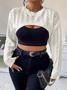 Boléro en tricot ajouré <span class=keywords><strong>blanc</strong></span> pour femme, col rond, manches longues, coupe courte, pour tenues décontractées et soirées romantiques - Product Image 4