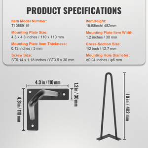 Hairpin Furniture Legs 19 In Metal With Rubber Floor <b>Protection</b> For Nightstand Coffee <b>Table</b> Desk DIY Projects - Product Image 3