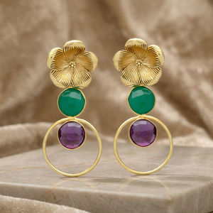 Matte Gold Flower <b>Stud</b> Gemstone Drop <b>Earrings</b> <b>Aquamarine</b> Open Circle Hoop Brass 18K Gold Plated Engagement Ethnic - Product Image 3