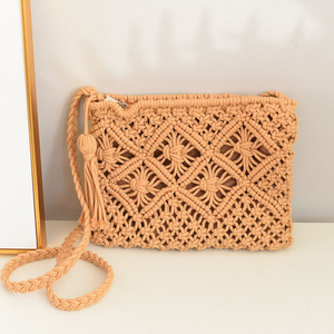 Simple Tassel Handbag Woven Bohemian Shoulder <b>Bag</b> Summer Beach <b>Bag</b> Brown And White Horizontal Square Single Strap Zipper Closure - Product Image 4