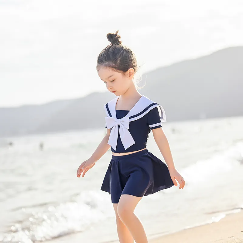 도매 아이 아기 수영복 네이비 일본 선원 세트 유니폼 비치웨어 수영복 소녀 유아 2 조각 OEM 사용자 정의