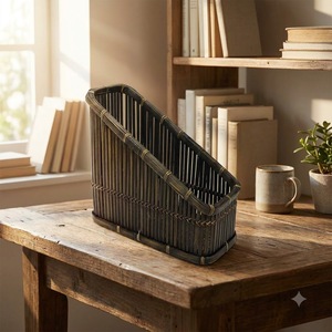 Vintage Dark Brown <b>Bamboo</b> Rattan Magazine File Rack Handcrafted Desktop Book Organizer <b>Basket</b> for Desk from Vietnam - Product Image 1