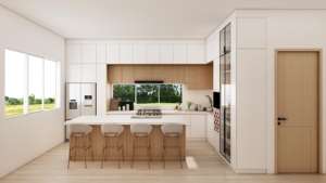 Armoires de cuisine modernes et confortables en bois avec décoration cannelée, évier en mélamine, sur mesure pour appartement - Product Image 2