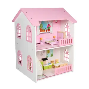 Girls Pretend Role Play Pink Natural Miniature Wooden Assemble Furniture Doll House