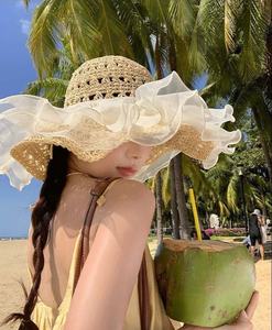 Chapeau de paille DLS d'été à large bord <span class=keywords><strong>en</strong></span> dentelle tressée, respirant, protection UV, pour femme, idéal pour la plage, les vacances <span class=keywords><strong>en</strong></span> bord de mer et les sorties quotidiennes - Product Image 4