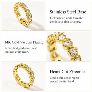 Heart Eternity <b>Ring</b> <b>Stainless</b> <b>Steel</b> 14K Gold Vacuum Plated Full Band with Clear Heart-Cut Zirconia - Product Image 3