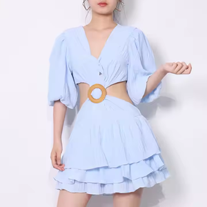 Nuevo vestido elegante con logotipo personalizado de primavera, manga de burbuja, cuello en <span class=keywords><strong>V</strong></span>, Mini vestido de verano informal Sexy para mujer - Product Image 3