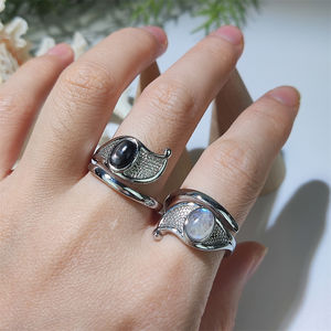 天然宝石リングオーバルカボションアクアマリンブルームーンストーンキヤナイトシルバーメッキ調整可能リング工場直販 - Product Image 4