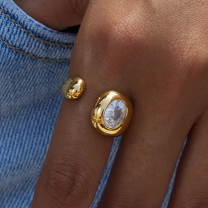 Teardrop Shape <b>Crystal</b> <b>Ring</b> Bezel Setting Gold Tone Unisex Everyday Wear - Product Image 2