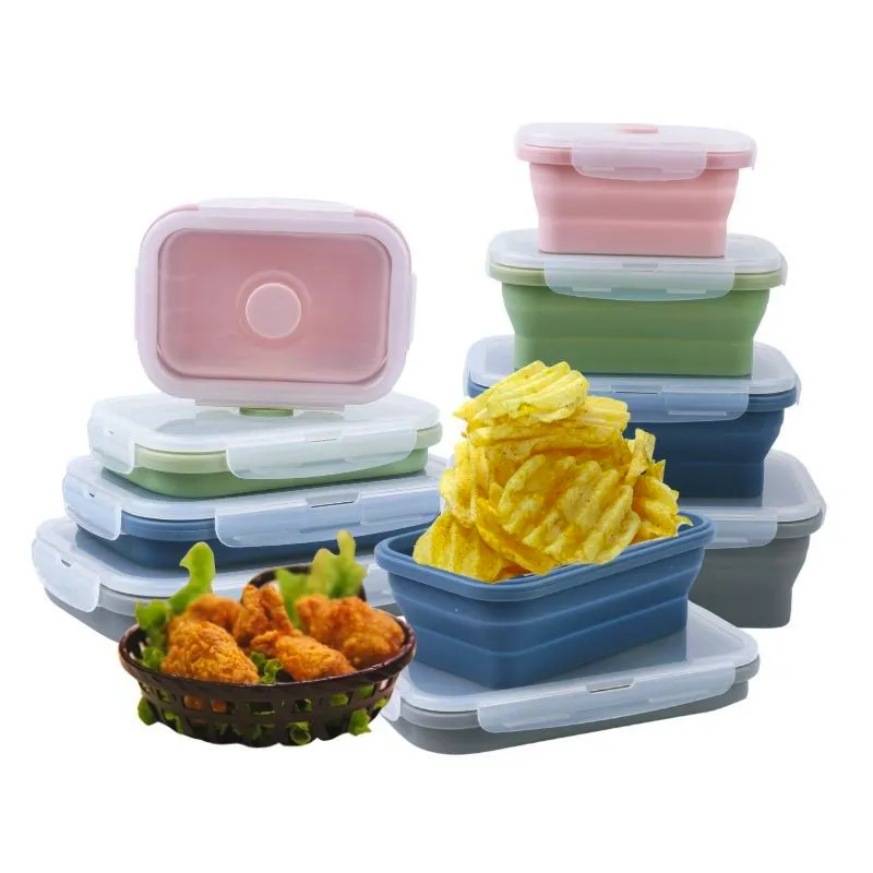 Set of 4 Hot Selling Leftover Meal Box for Kitchen Bento Lunch Boxes Collapsible BPA Free Silicone Food Storage Container