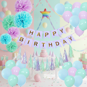 Eastern Fancy Paper Mermaid Themed Birthday Party Decoration Kit Pompoms <strong>Tassels</strong> <strong>Balloons</strong> Light Purple/Light Blue/Mint Wall - Product Image 5