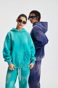 Sweat à capuche unisexe surdimensionné de haute qualité 360 g/m² en molleton, effet éclaboussures d'encre, délavé, teint par pulvérisation, vintage, bords frangés - Product Image 4