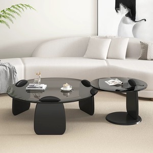 Wabi-Sabi Style Modern Minimalist <strong>Coffee</strong> <strong>Table</strong> Set Creative Design Living Room Premium Round Black <strong>Glass</strong> Tea <strong>Table</strong> Combination - Product Image 1