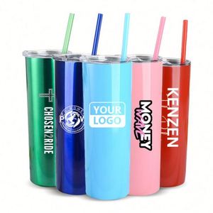 Custom Logo 20oz Stainless Steel Tumbler Double Wall Straight Sublimation Blank Coffee <b>Mug</b> Skinny Tumbler with Straw and <b>Lid</b> - Product Image 1
