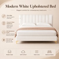 Modern Beyaz Döşemeli Platform Karyola Çerçevesi, Kanal Başlıklı, King/Queen Yatak Odası Mobilyası için
