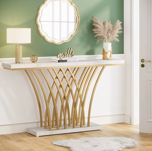 <span class=keywords><strong>Table</strong></span> <span class=keywords><strong>console</strong></span> de luxe FYZK en or, plateau en faux marbre, base en métal à grille miroir, meubles d'entrée et de couloir, OEM - Product Image 2