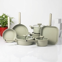 Ensemble de casseroles et poêles Smartpan 11 pièces, écologiques, modernes, avec couvercles en verre, poignées en bois, revêtement antiadhésif en marbre