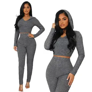 Rahat katı nervürlü Loungewear seti örgü kırpma pamuk kapüşonlu üst & tayt Loungewear Set seksi salonu giyim setleri kadınlar