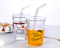 Gobelet à paille en verre borosilicate à prix abordable, imprimé mignon, avec couvercle