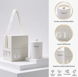 Bougie parfumée en cire de soja naturelle avec couvercle en céramique blanche gaufrée verticale, personnalisable en usine, avec ruban de luxe et poignée, cadeau pour la Fête des Mères - Product Image 1