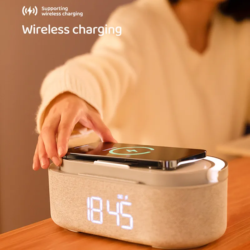 2023 Alarm Clock bluetooth speaker 15W smart phone Wireless Charger phone holder LED Digital Clock Desktop charger with Fm Radio