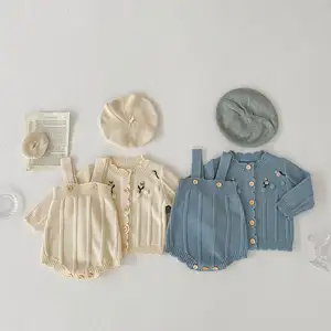 Autumn Winter Baby Sweater Set Flower Embroidered Long Sleeved Coat+ Suspender Romper Baby Set Baby Knit Sweater Girl Clothes