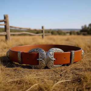 Ceinture en cuir véritable 3,5 cm x 100 cm avec boucle plaquée argent, style western, accessoire de mode décontracté pour hommes et femmes - Product Image 2