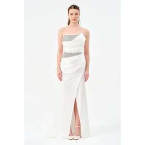 Vestido de noche rojo de satén sin tirantes con cintura adornada con cuentas y silueta entallada con abertura, cintura natural - Product Image 6