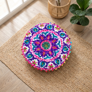 Cotton Chambray Round Suzani <b>Pillow</b> Embroidered <b>Decorative</b> <b>Pillows</b> for Home Hotel or Hospital Use - Product Image 3
